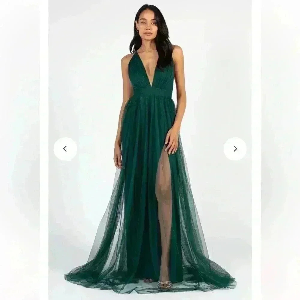 Luxxel Sandy Tulle Emerald Green Low-V-Neck Long Dress with Double Slits SZ SM